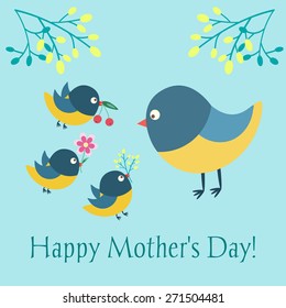 Postcard on Mother's Day. Vector illustration with birdies.