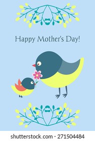 Postcard on Mother's Day. Vector illustration with birdies.
