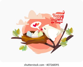 Postcard on Mother's Day. Vector illustration with birdies.