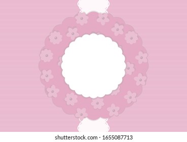 Postcard on a pink background with a white lace ribbon vertically in the middle and a floral napkin with flowers and pearl beads vector composition.