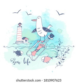 Postcard on the sea theme with a big cute Seagull sitting on a bottle with a letter. Graphics and watercolors. Vector.