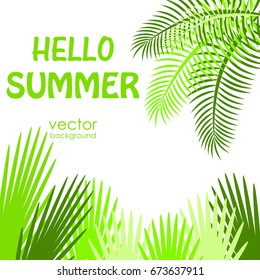 Postcard on a summer theme. Beach vacation, tropical plants. Vector illustration, banner.
