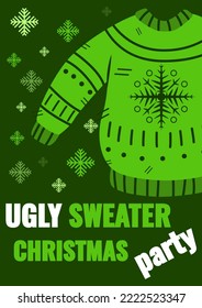 A postcard on the theme of the Christmas party of ugly sweaters in green. Invitation or congratulations. Vector graphics, poster, Christmas printed products for posters, flyers or postcards