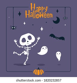 Postcard on the theme of Halloween. Vector image with skeleton, bat, ghosts and spiders. Happy halloween lettering.