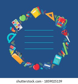 Postcard on the theme of school. Greeting card. School supplies, colorful set on a blue background.