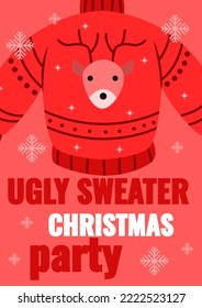 A postcard on the theme of the ugly sweaters Christmas party. Invitation or congratulations. Vector graphics, poster, Christmas printed products for a family holiday