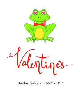 Postcard on Valentines day with frogs and lettering.