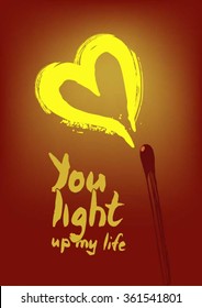 Postcard on Valentine's Day. Heart shaped match flame
