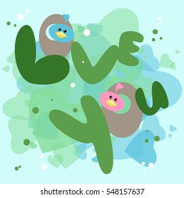 Postcard on Valentine's Day, love you. Birds in the nest. Vector cartoon