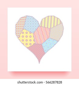 Postcard on Valentines Day pink heart made of patchwork
