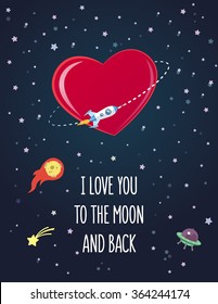 Postcard on Valentine's Day for those who love space. Retro space greeting card. I love you.