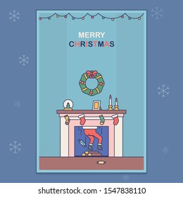 The postcard on which Santa Claus is stuck in the fireplace. Vector Illustration in a flat style on a Christmas theme.