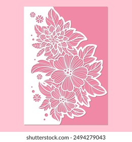 Postal con flores y hojas caladas. Plantilla para corte láser de papel, cartón. Para el diseño de invitaciones de boda, felicitaciones, menús, postales, etc. Vector