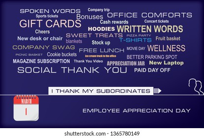 Postcard with options for gratitude to his subordinates. I thank my subordinates. Postcard Employee Appreciation Day