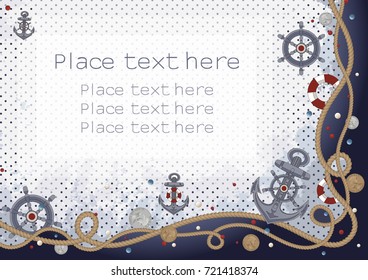 A postcard (or ad) made in sea style in red, blue, white and gold colors, dots on the background, ropes, anchores, coins, life rings, helms and a place for your own text