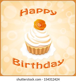 postcard orange happy birthday with cake - eps10