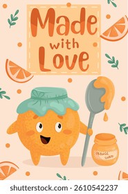 A postcard with an orange in a hat and a spoon in his hand, orange slices and the inscription made with love.