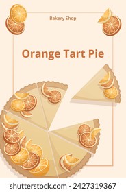 Postal con tarta de naranja. Ilustración vectorial para póster, banner, publicidad, tarjeta, cubierta. Hornear, panadería, cocina, productos dulces, postre, concepto de pastelería