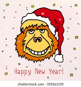 Postcard with orangutan monkey in Christmas hat. Merry Christmas and Happy New 2016 Year colorful cartoon vector illustration on pale winter background. Chinese calendar