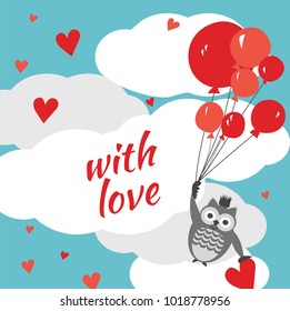 postcard with an owl that flies on balloons in the sky