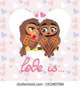 Postcard with owls in love