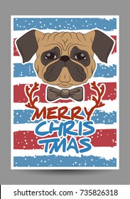 A postcard with a painted cartoon dog of pug breed, a bow tie and an inscription of a happy Christmas. Symbol of the new year 2018.