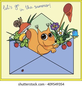 The postcard painted squirrel with wild berries and mushrooms. Figure can be used as a greeting and an invitation to leave and fun