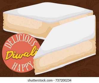 Postcard with a paisley pattern in table and a sweet slices of Kaju Katli with a round greeting label for a happy and delicious Diwali celebration.