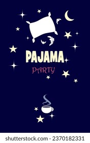 Postcard pajama party invitation, starry sky,moon,pillow.