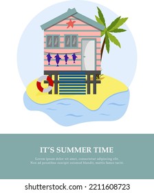 Postcard with palm tree and beach bungalow. Nautical postcard template. Vector drawing. Attributes for a beach holiday on the ocean. For use in decor, postcards, flyers and brochures, packaging