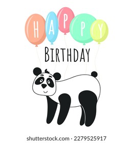 Postcard with panda and balloons. Happy birthday. Holiday greetings baby. Flat design, vector illustration