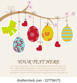 Postcard with paper eggs and place text. Vector illustration