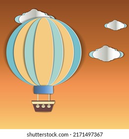 a postcard in the papercut style . the balloon is flying against the background of the sunset sky