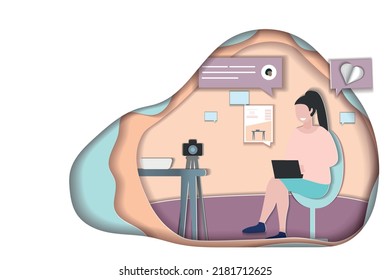 a postcard in the papercut style . girl blogger broadcasts
