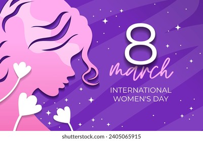 A postcard in the papercut style. International Women's Day. Equality and women's rights. Vector illustration. Pink and purple colors