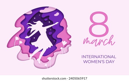 A postcard in the papercut style. International Women's Day. Equality and women's rights. Vector illustration. Pink and purple colors