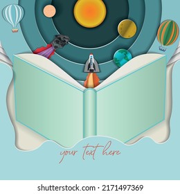 a postcard in the papercut style . an open book from which the light of science comes. international literacy day