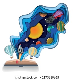 a postcard in the papercut style . an open book from which the light of science comes. international literacy day
