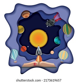 a postcard in the papercut style . an open book from which the light of science comes. international literacy day