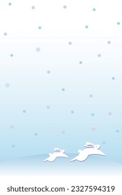Postal de un padre y un niño conejo corriendo en la nieve