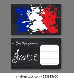 Postcard from Paris. Hand drawn lettering and sketch. Greetings from France. Vector illustration
