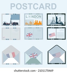 Postcard. Paris , London , New York postcard, envelope and stamp.