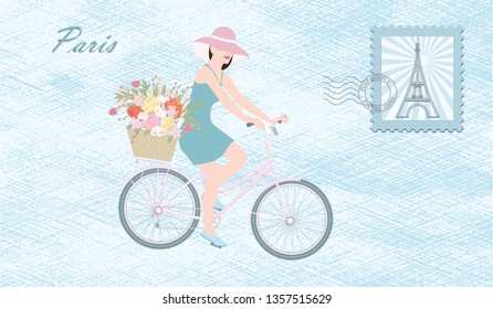 Postcard Paris - Postage Stamp with Eiffel Tower. Girl in summer hat rides a bicycle - a basket with flowers - vector