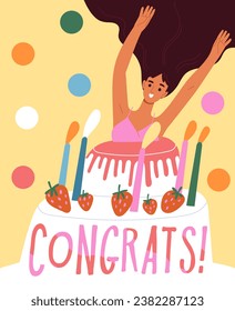 Postcard for party concept. Woman with cake with strawberries. Fun, entertainment and leisure. Dessert and delicacy, gourmet. Graphic lement for website. Cartoon flat vector illustration