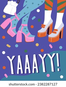 Postcard for party concept. Woman in socks and shoes. Fun, entertainment and leisure. Festival and holiday. Birthday celebration. Template and layout. Cartoon flat vector illustration