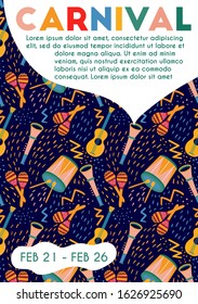 Postcard with pattern with musical instruments. Card for carnival in Brazil. Abstract memphis background. Concept of festival, party.Design element for banner, poster, card. Flat vector illustration
