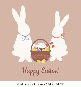 Postcard pattern with pair of cute bunnies or rabbits, basket with decorated eggs,kulich and tulips and inscription Happy Easter. Hand-drawn. Flat holiday vector illustrations