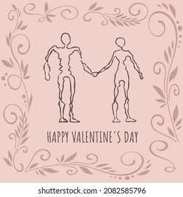 Postal con patrones con dos personas enamoradas tomándose de la mano, con estilo de garabatos y líneas de arte. Para bodas, invitaciones, Día de San Valentín, para amor y amantes