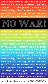 Postcard with phrase "No war!" in the languages of Europe on rainbow background
