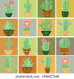 Postcard with a picture of blooming cacti on a colorful background